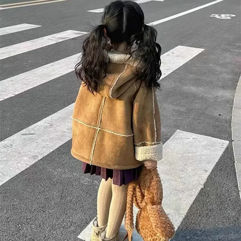 2023 winter new deer leather velvet double-sided wearing thickened top jacket Korean children clothing girl jacket