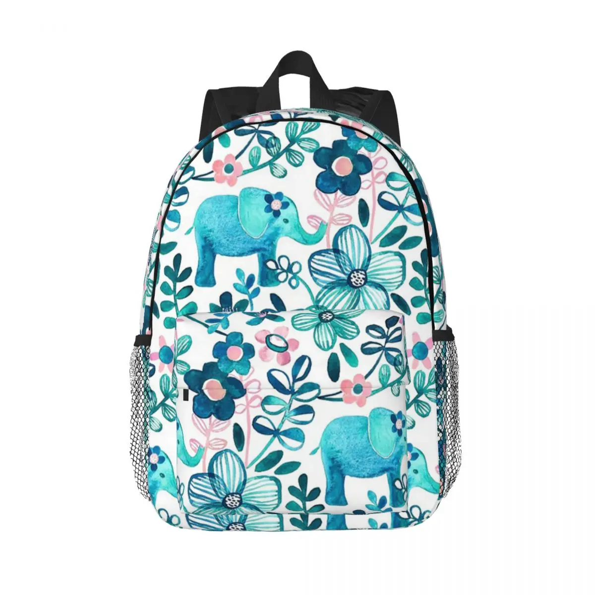 Dusty Pink, White And Teal Elephant And Floral Watercolor Backpacks Boys Girls Bookbag Students School Bag Rucksack Shoulder Bag