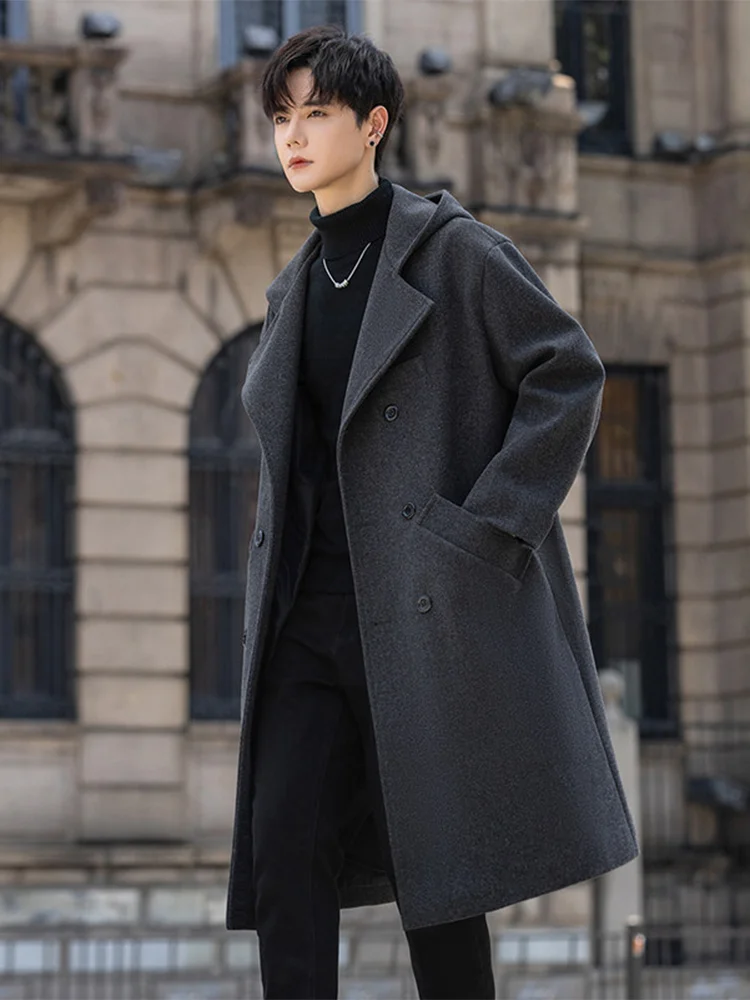 

Deep ey Men's Woolen Coat Autumn Winter Long Line Windbreaker Outerwear Casual Ele Sle Button Decoration Warmth Clothes