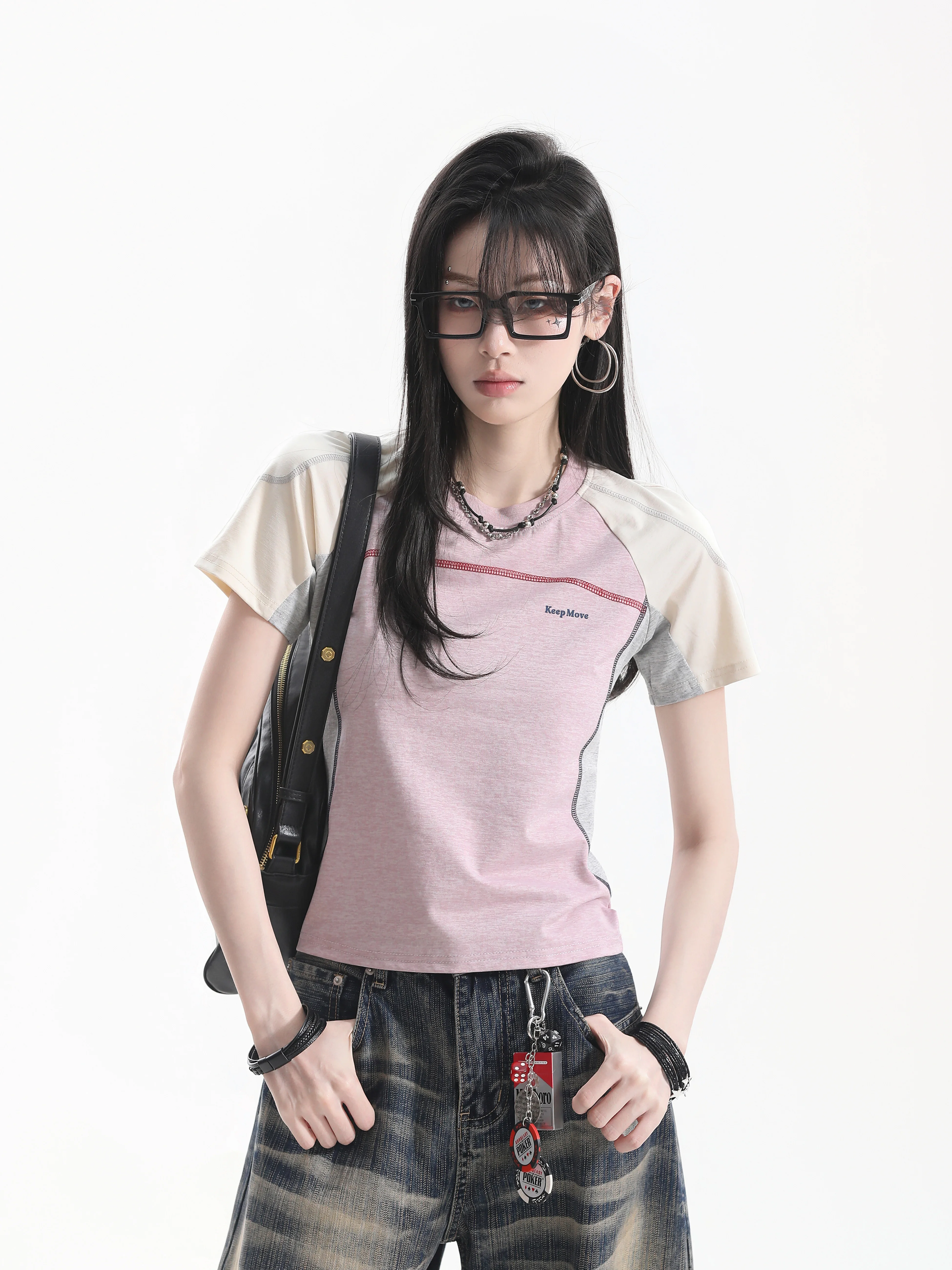 Cleanfit Short T-Shirt Color Block Hsu Line Print Slim Fit Short Sleeve American Design Sensation Contrast Color Sporty Style