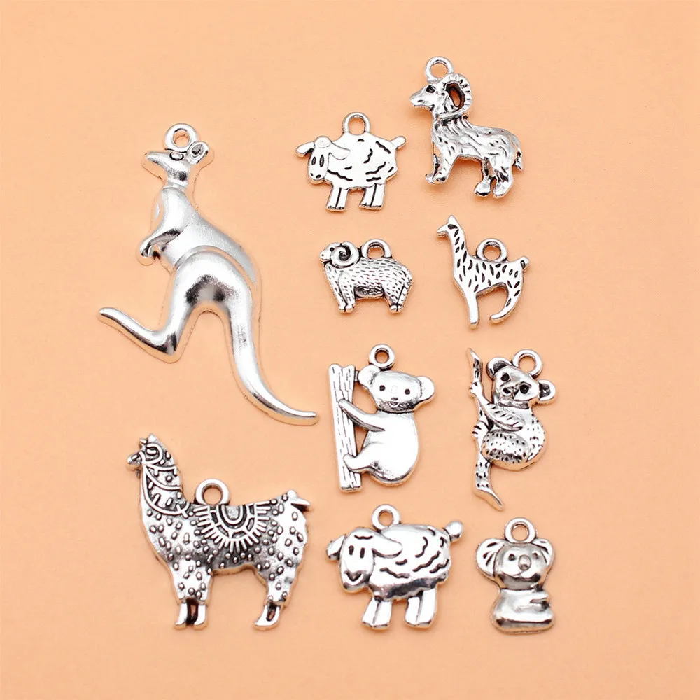 10pcs/lot Antique Silver Color Australian Animal Kangaroo Koala Alpaca Sheep Charms Collection For Jewelry Making Components