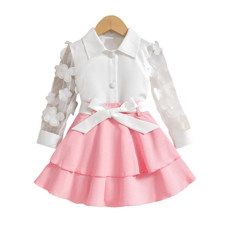 Europe and the United States girls spring and autumn net gauze sleeve shirt double ruffled skirt belt three-piece set