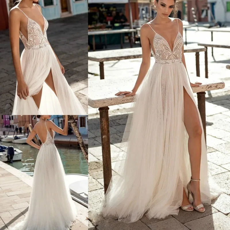 

Boho A-Line Pearls Backless Bohemian Vestido De Noiva Beach Tulle Wedding Dresses Boho 2024 Side Split Spaghetti Sexy Illusion