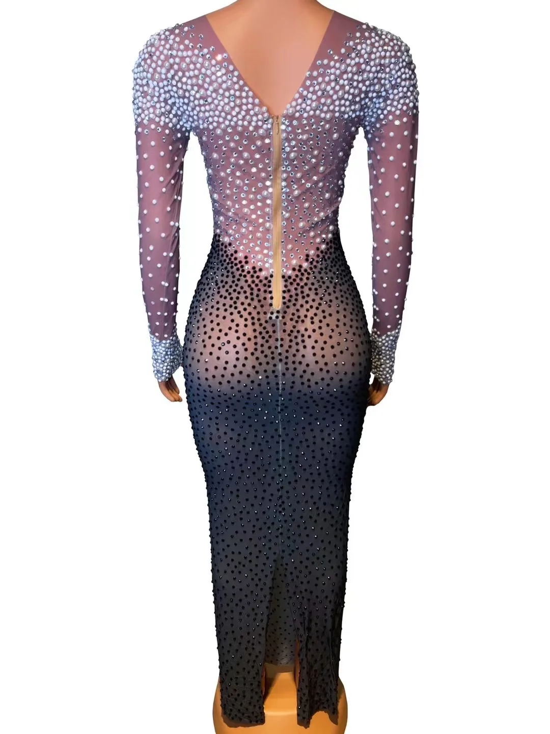 New Shiny White Pearls Black Stones MESH Costume Birthday Celebrate Long Train Dress Prom Party Stage Wear Female Singer Dresses