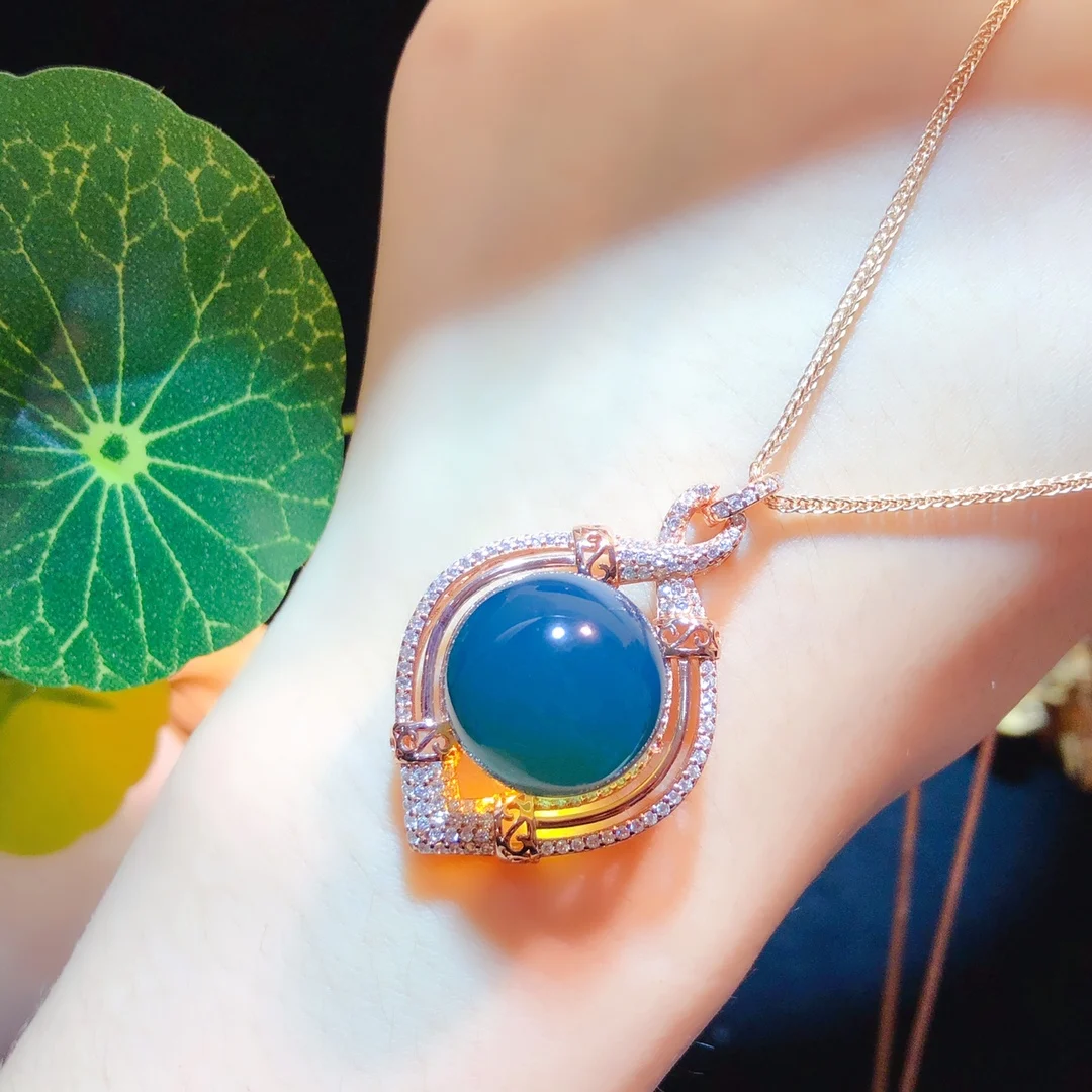 Natural Mexican Blue Amber 16mm Pendant Solid Silver Hollow Openwork Twisted Design Layered Handmade Dainty Jewelry for Women