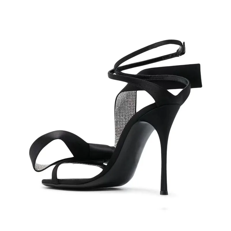 Arden Furtado 2024 Summer Satin Round toe Super high heel Cross strap Belt buckle Party Crystal bowknot Open toe Sandals