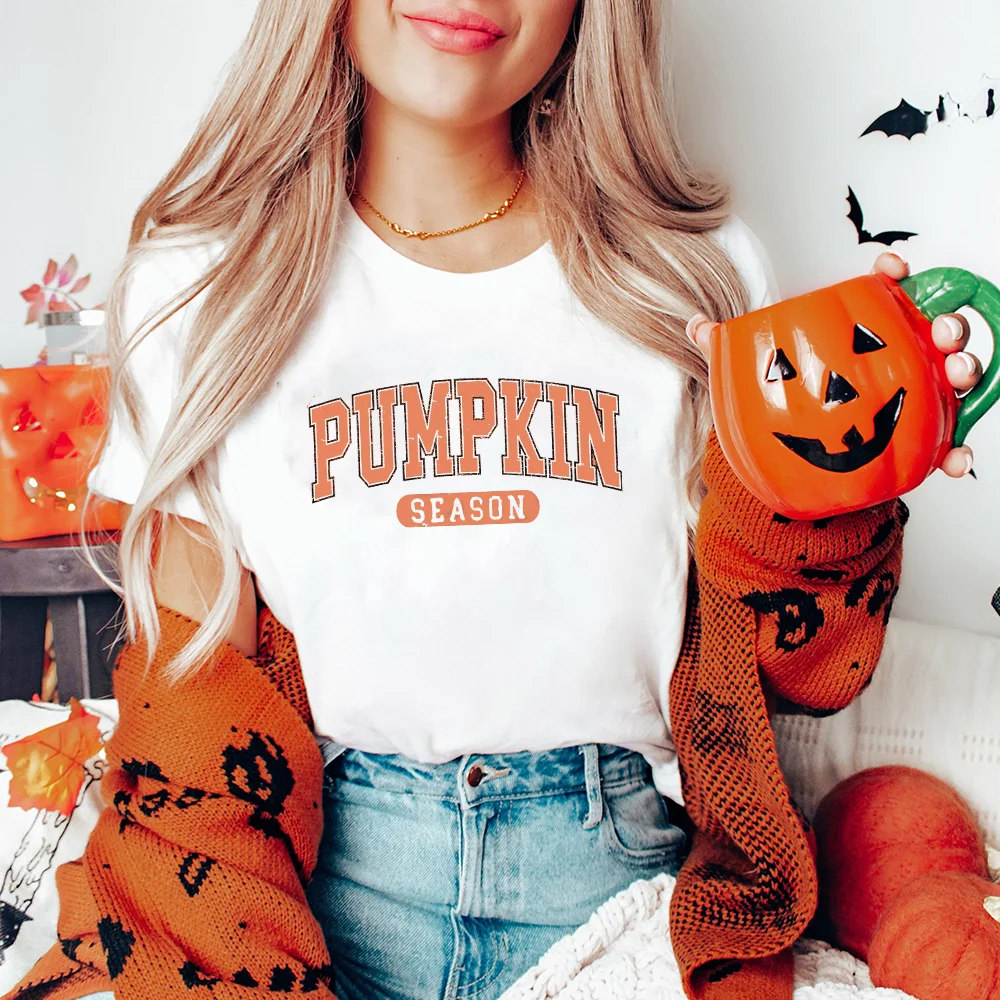 Pumpkin Season Women Short Sleeves Summer Autumn Female T-shirt Thanksgiving Halloween Party Female Round Neck Top Tee