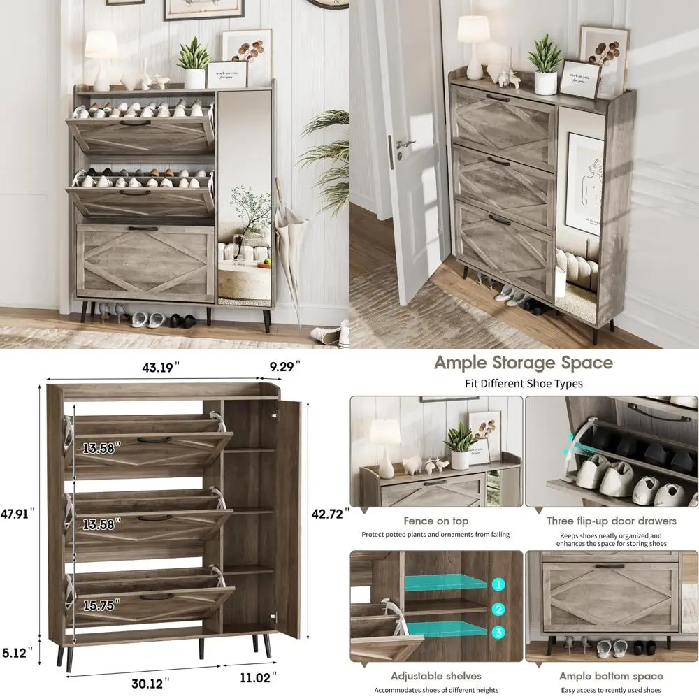 Freestanding Wooden Shoe Organizer Cabinet with 3 Drawers, Mirrored, Slim Design for Shoe Storage