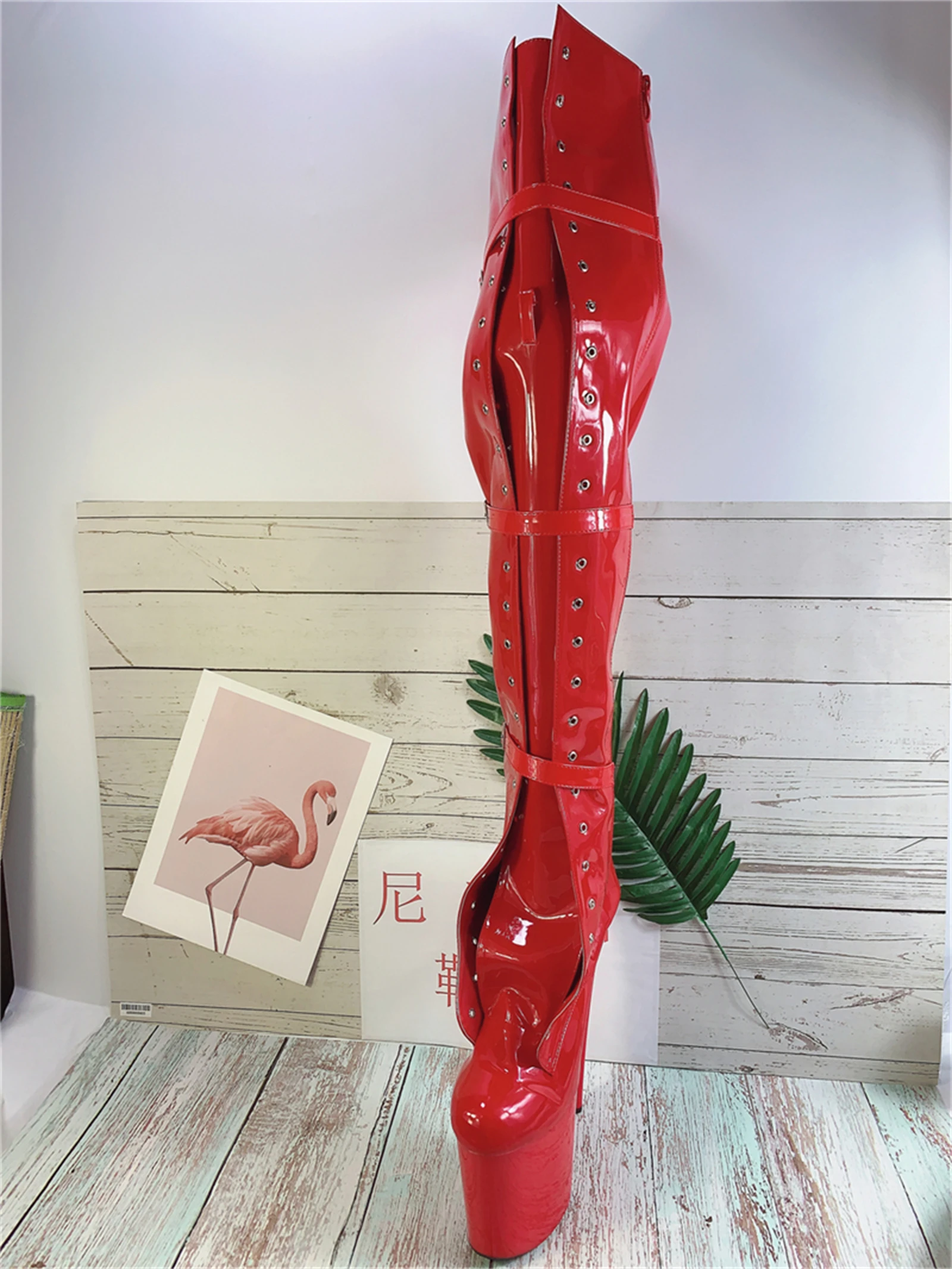 20CM Extreme High Knee Boots for Pole Dance | Black Patent Leather Lace-Up & Buckle Strap | Non-Slip Sole Stage Performance Shoe