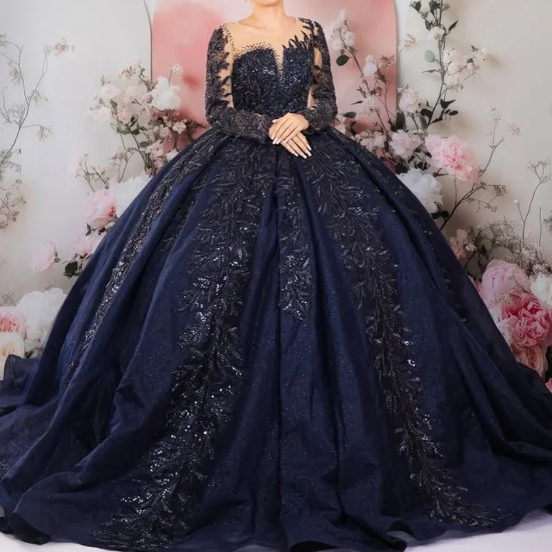 

Customized Shiny dark blue Quinceanera Dresses Off the Shoulder sequin applique Lace Long tail Vestido De 15 Quinceanera