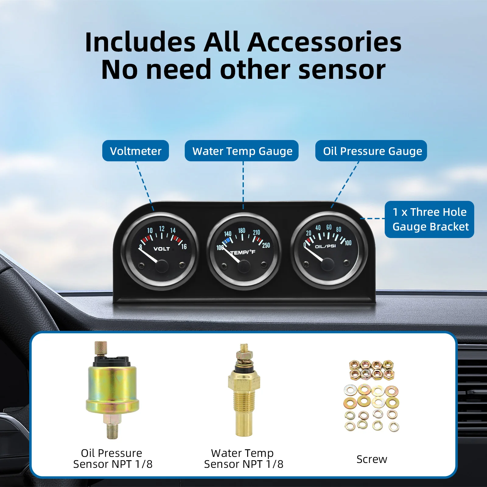 

52MM 3In1 Water Temperature Gauge + Volt Meter + Oil Pressure Gauge Kit with Oil Temp Water Temp Sensor Triple Meter Voltmeter