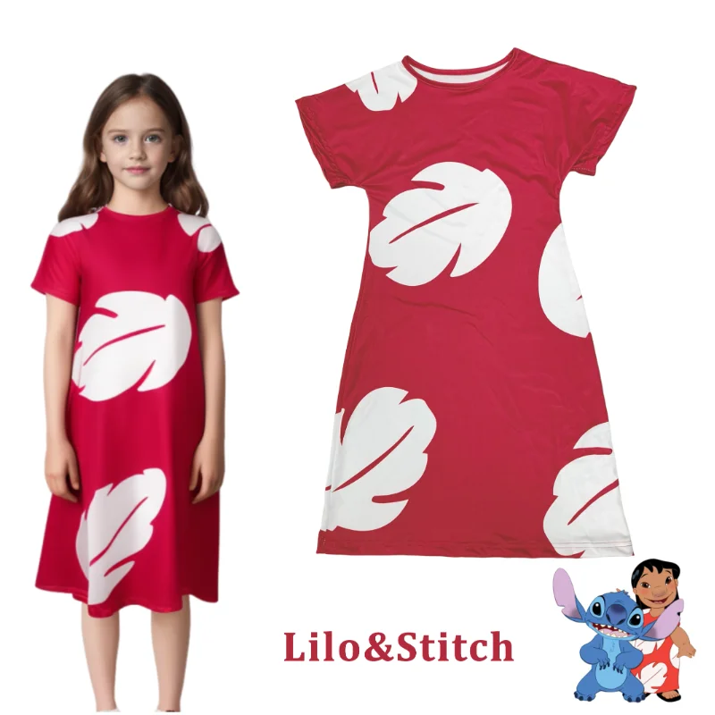 Disfraz de Cosplay de Lilo y Stitch para niñas, vestido de fiesta de manga corta con cuello redondo y patrón de hojas de dibujos animados hawaianos de verano, color rojo oscuro