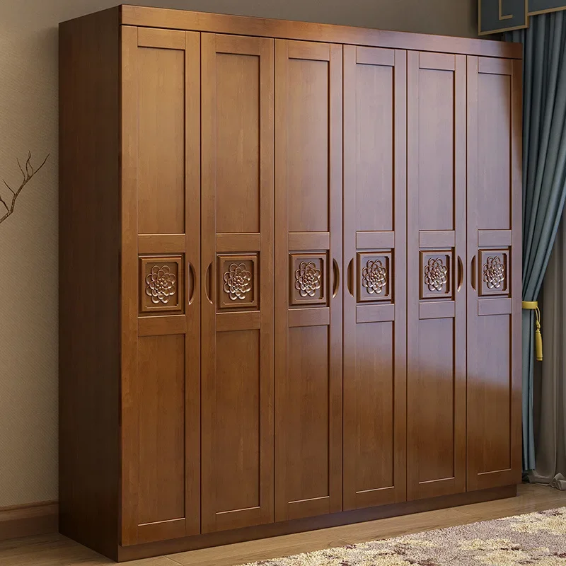 Modern new Chinese solid wood wardrobe engraved 3456 doors bedroom storage storage cabinet e****mical door large wardrobe
