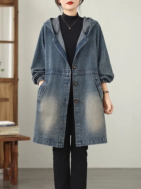 

Ретро-куртка из состаренного денима с капюшоном, свободного кроя, с длинными рукавами, комфортная, средней длины, из смесового хлопка и полиэстера