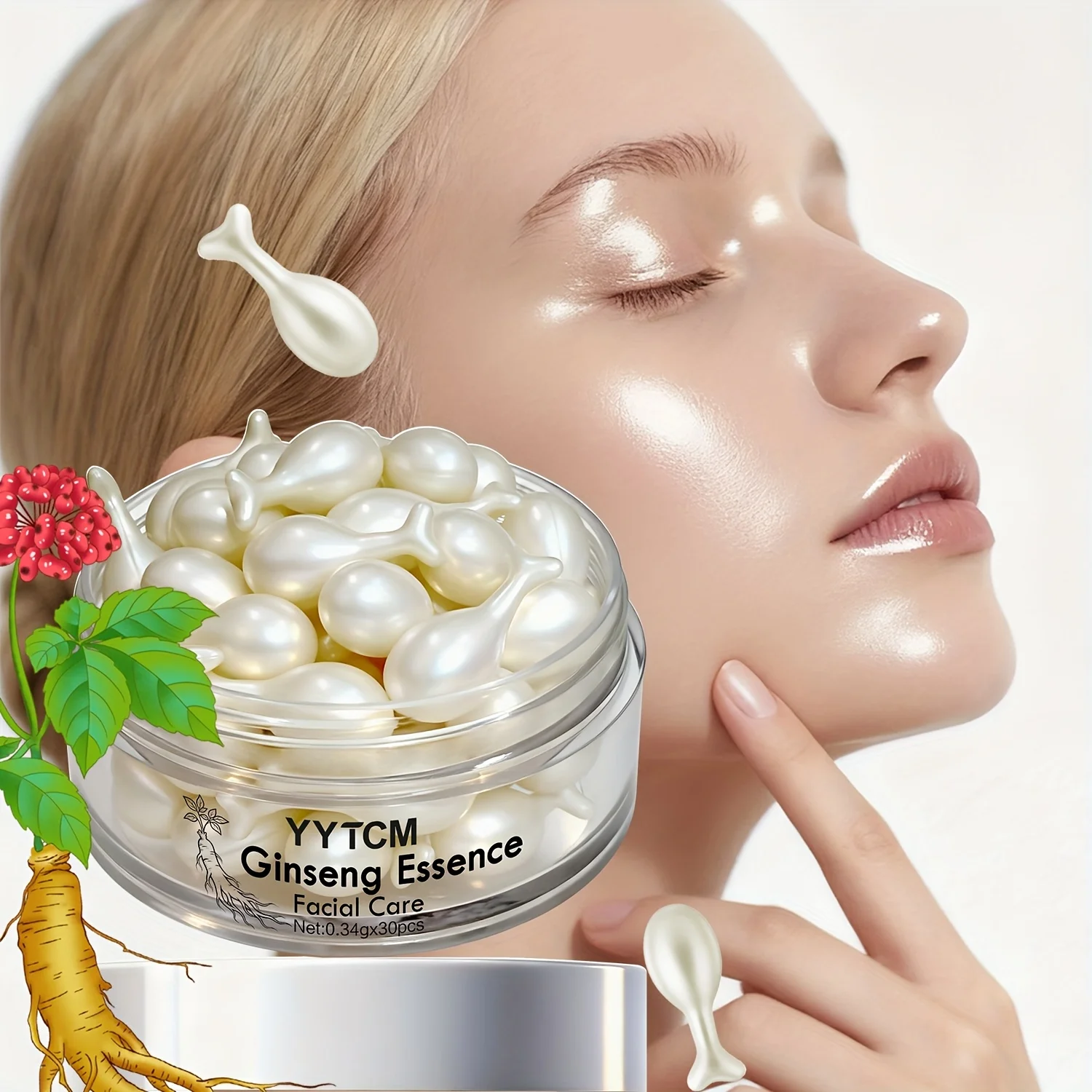 Cápsulas de esencia de ginseng, esencia hidratante y reafirmante, que contiene squalano, fullereno, niacinamida, vitamina E, retinol, hidratación profunda (0,34 g x 30 cápsulas)/botella - 1 botella