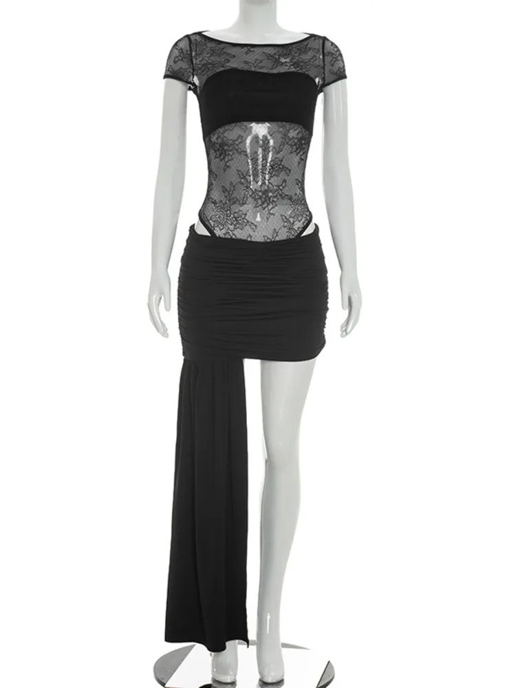 Mozision Women Black Lace Mesh 2 Piece Outfit Short Sleeve Sheer Bodysuit And Ruched Mini Skirt Sets Female Clubwear Party Set - Image 6