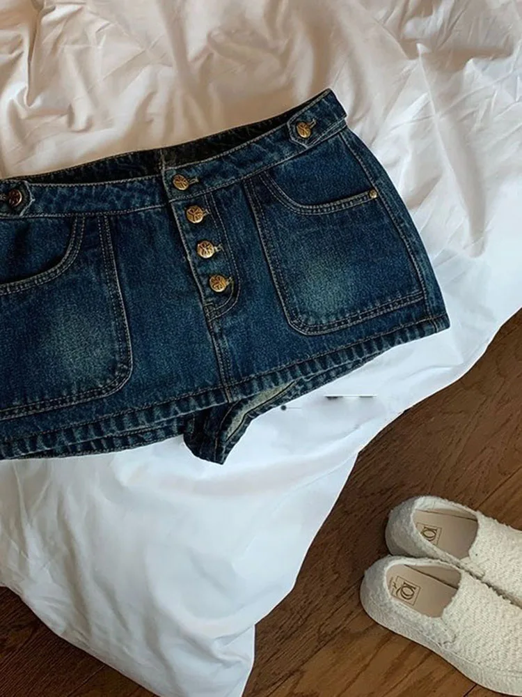 American Vintage Dropped Denim Short Skirt For Women Summer Casual Fashion Washed Retro Blue Single Breasted Spicy Girl Skirts