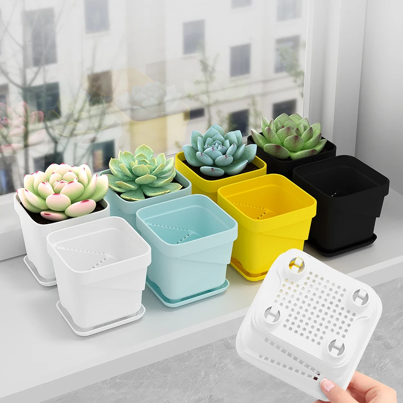 Square Succulent Planter: Leak-Proof Thickened Tray, Breathable Plastic, Indoor Desktop, Modern Minimalist