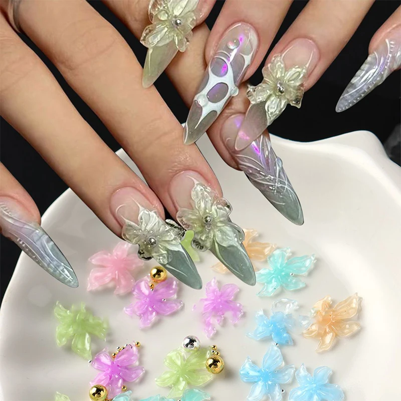 

50/100Pcs Mixed Lily Flower Steel Ball Nail Art Charms 3D Nail Decoration Soft Resin Material DIY Manicure Accessories