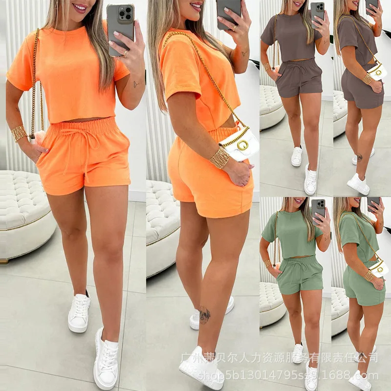 

O-neck Top & Pocket Design Drawstring Shorts Set Women 2pcs Clothes Set Solid Color