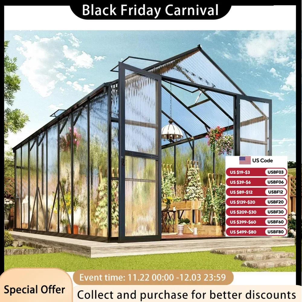 7.5x16x7.5 FT Polycarbonate Greenhouse with Quick Connector for Quick Assembly, Ventilation and Rainwater Trough Garden Supplies