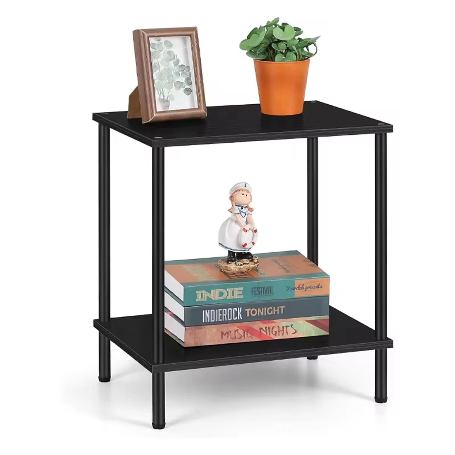 Black Narrow Side Table with Storage Shelf - Modern Square Bedside Table and Wood Nightstand for Living Room, Bedroom, and Offic