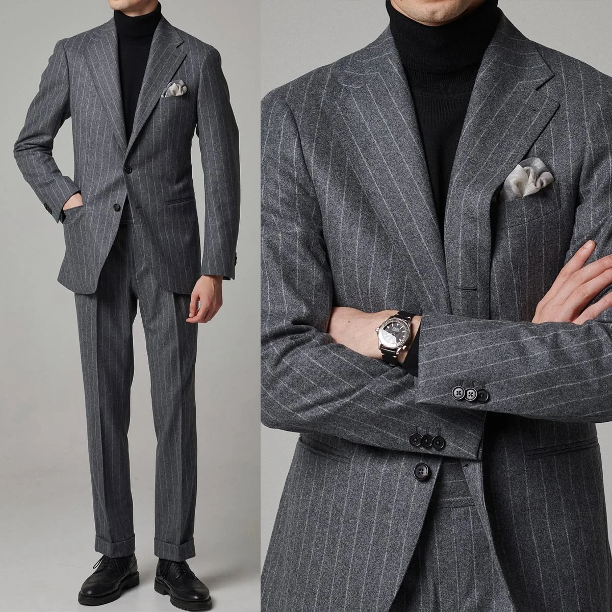 Stripes Winter Men Tuxedo Suits 2 Pieces Notch Lapel Pocket Blazer Customized Formal Business Suits Celebrity Outwear