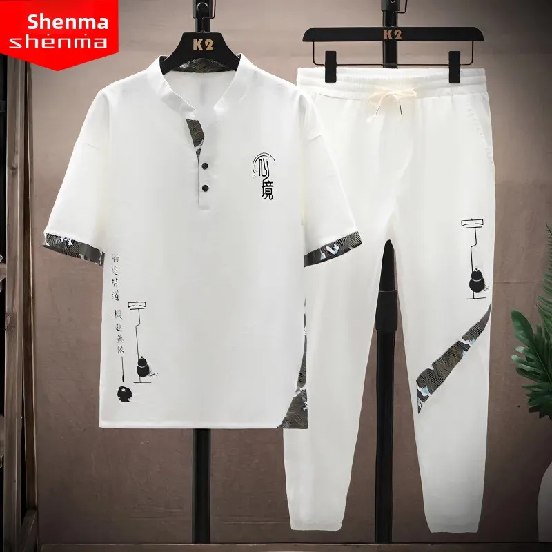 

New Men's Retro Sle Loose ort Sve Long Pants Cool Sport Casual Two Piece Set Polyester Summer Youth Nine Point Trousers