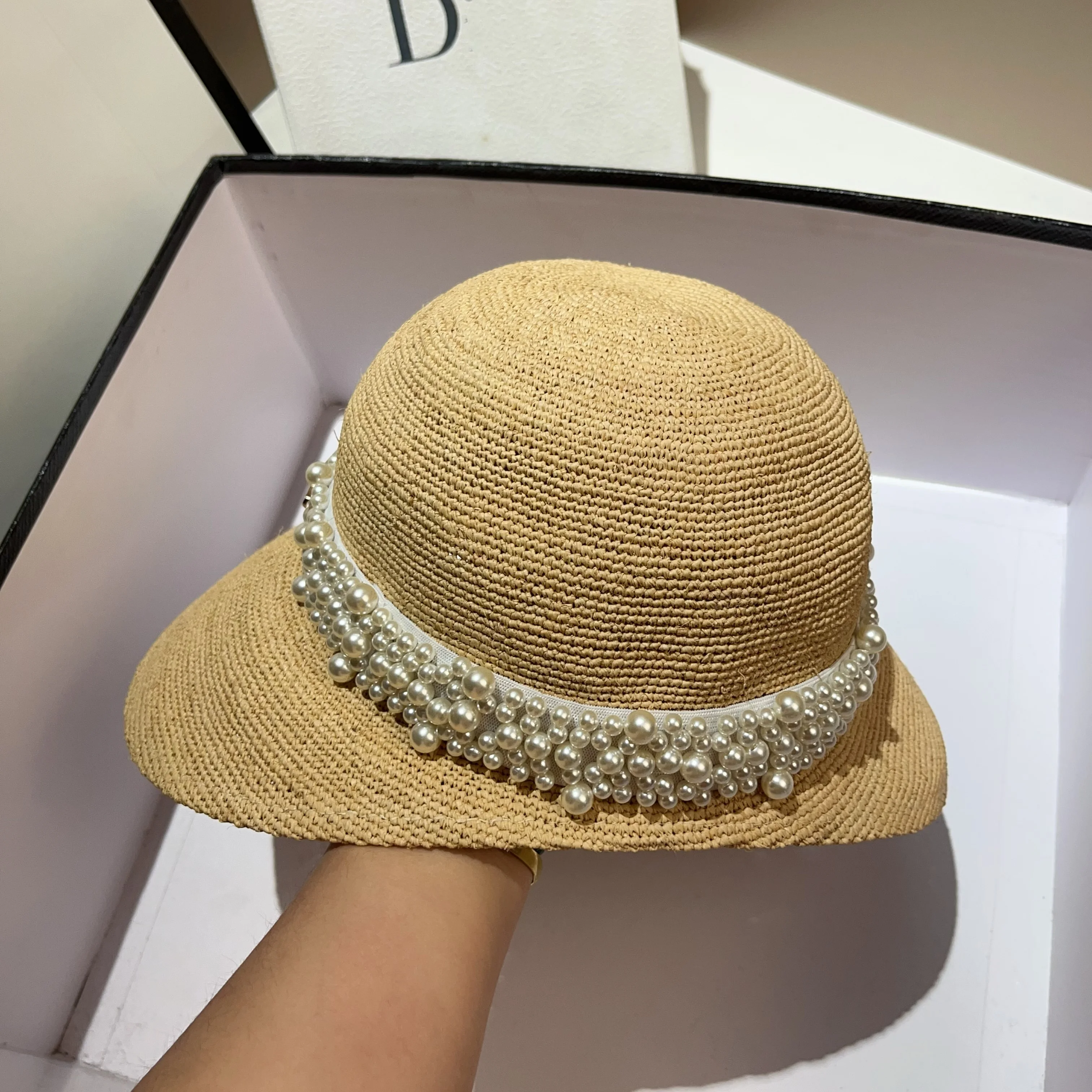 High quality natural raffia straw hat for outdoor shading and sun protection pearl woven ribbon straw hat for summer beach tourm