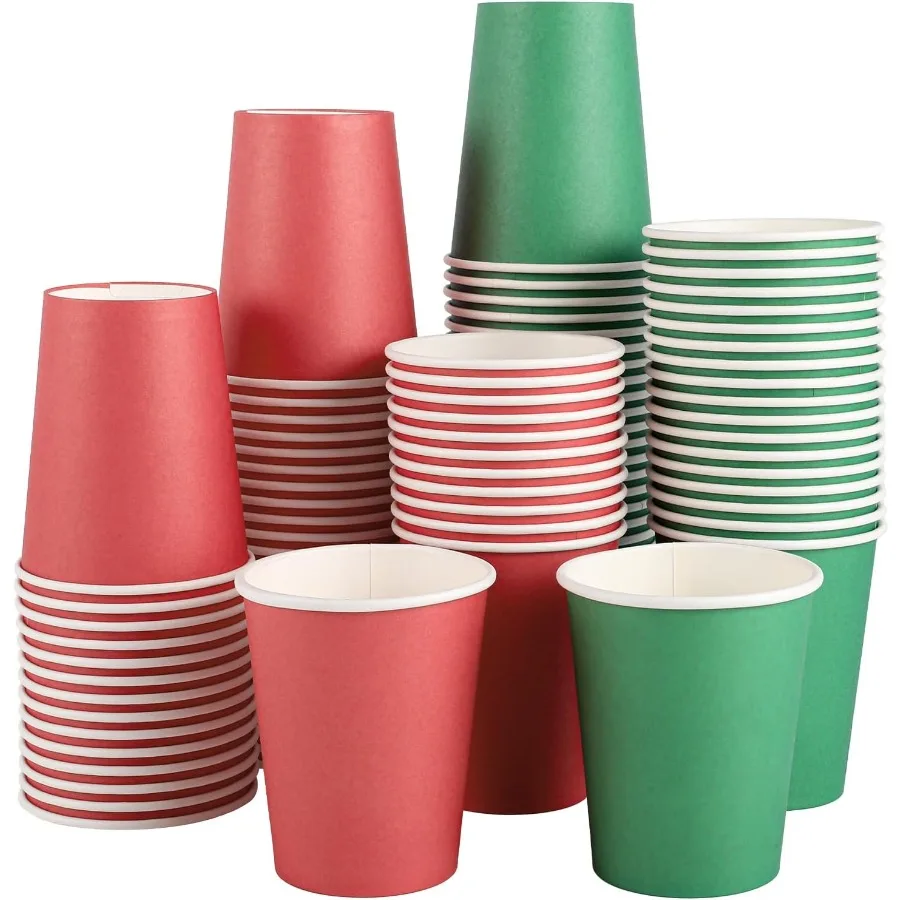 100 Pack Red Green Paper Cups 9oz Christmas Party Cups Bulk Paper Cups Disposable Drinking Cups for Birthday Holiday Christmas