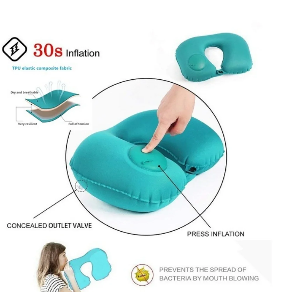 Cojín de cuello en forma de U, almohada inflable de aire automática, anillo de compresa para avión, coche, viajes al aire libre