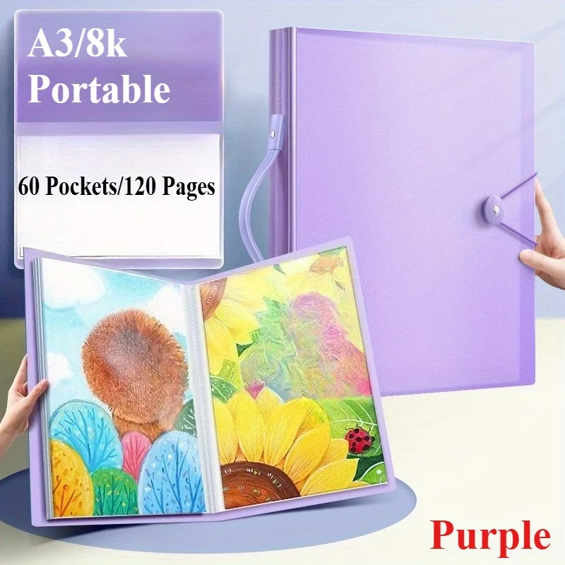 A3 Art Portfolio 60 Pockets, 120-Page Presentation Book with Handle, Blue Night Sky Design for Artists,Office Document Organizer