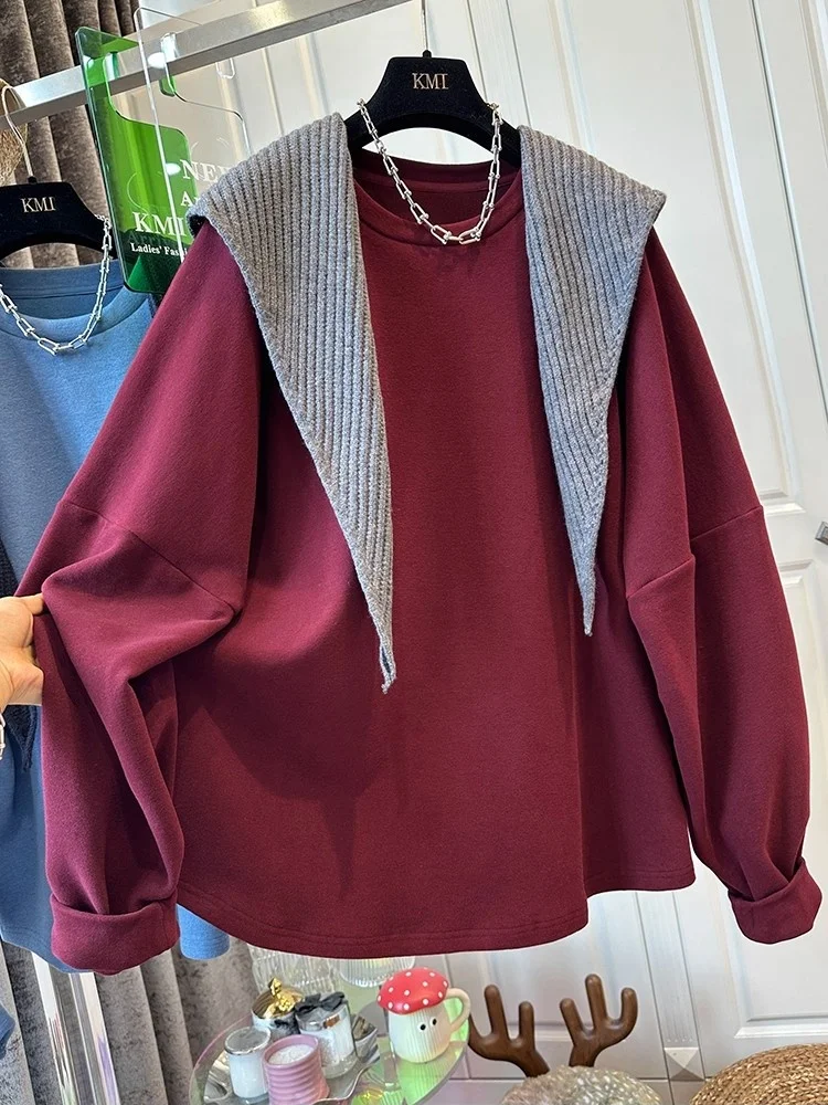 Women's Hoodie Patchwork Color Blocking Round Neck Long Sleeved Loose Fitting Pullover Fashionable Casual Top Spring Autumn New