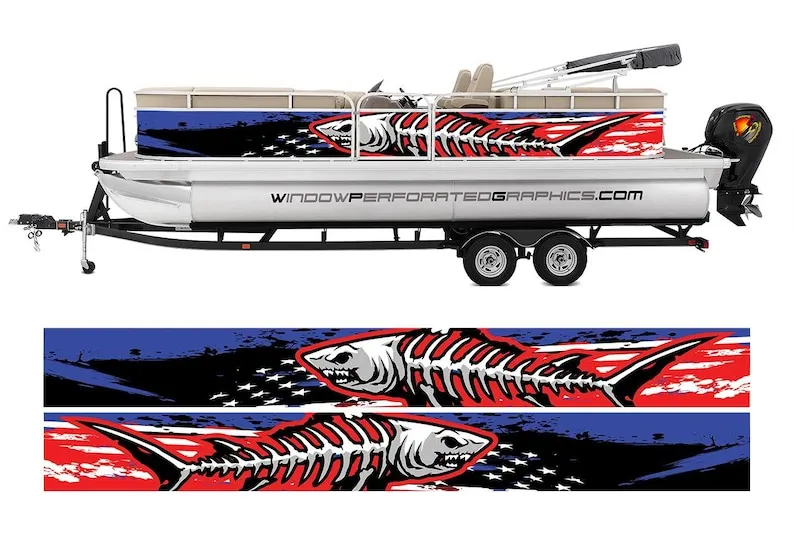 Distressed American Flag & Shark Fishbones Modern Lines Graphic Vinyl Boat Wrap Fishing Pontoon Sportsman Tenders Watercraft Sea