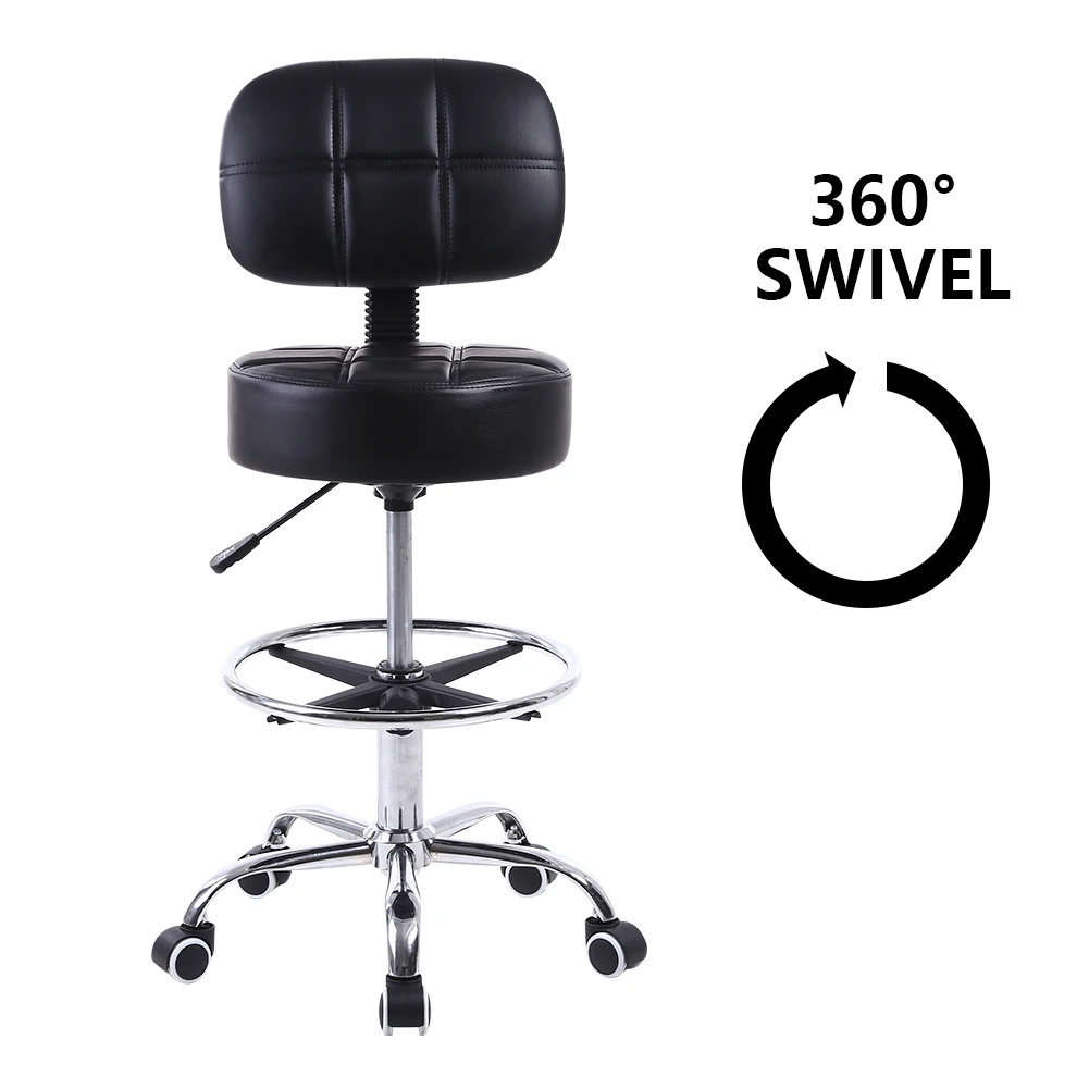 KKTONER Swivel Round Rolling Stool PU Leather with Adjustable Foot Rest Height Adjustable Task Work Drafting Chair with Back