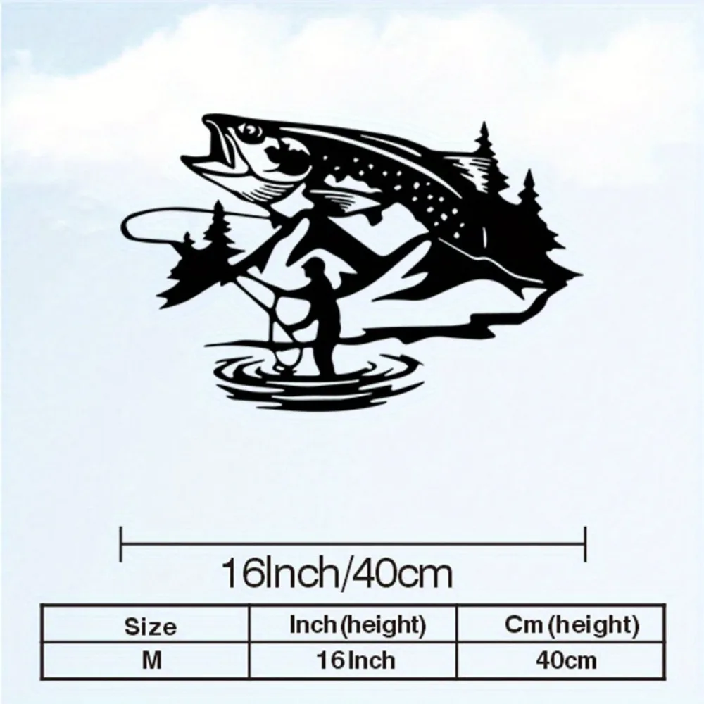 1pc Vintage Iron Fishing Metal Wall Art - Fisherman Bass Silhouette Mountain Rustic Decor for Living Room Study Angler Gift