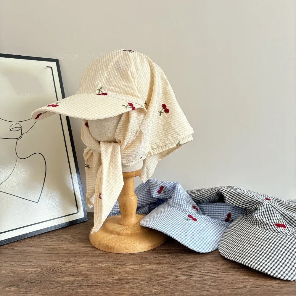 

Cute Plaid Headscarf Baseball Cap Korean Style Cherry Embroidered Sunscreen Beach Hats Sunscreen Sweet Peaked Cap Sports