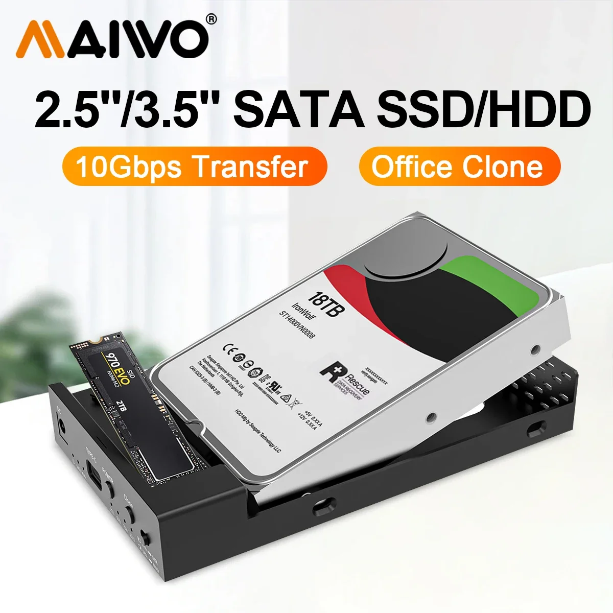 

Корпус MAIWO M.2 NVMe SSD для 3,5-дюймового 2,5-дюймового корпуса SATA с автономным клонированным Type-C USB 3.2 GEN 2 Чехол для двухэтажного жесткого диска 10 Гбит/с