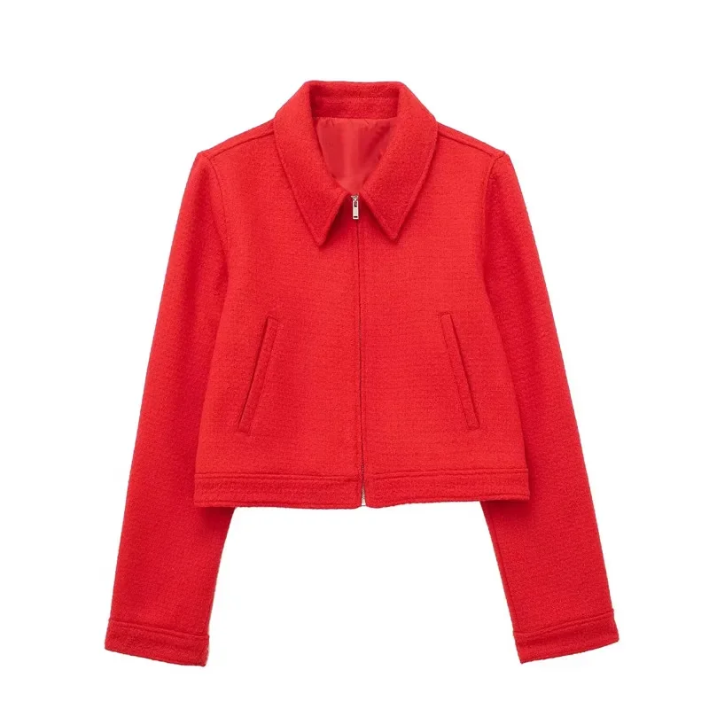 TRAF 2024 Red Tweed Jacket Woman Zipper Vintage Cropped Jacket Women Long Sleeve Elegant Womens Jackets Streetwear Short Coats