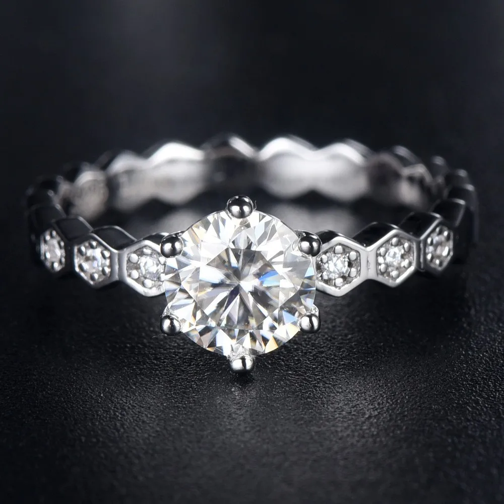 S925 مطلي بالفضة 18K الذهب PT950 البلاتين ستة مخالب المألوف العسل نمط 1-قيراط مزاجه خاتم مويسانيتي بسيط