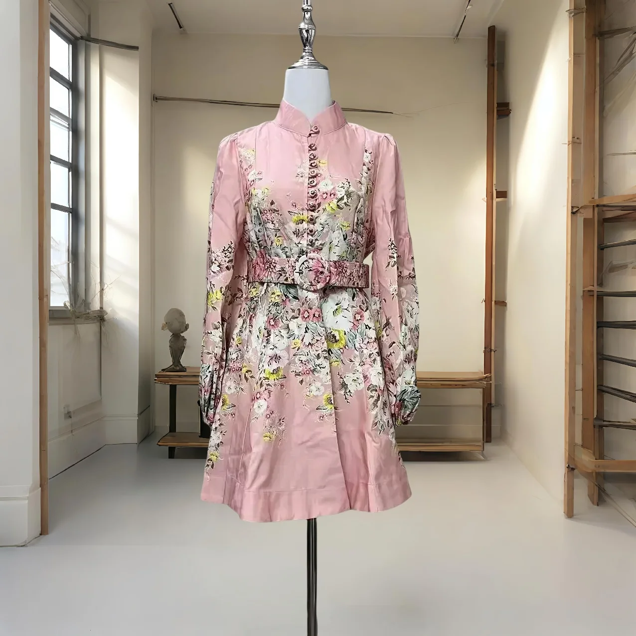 

，Australian Niche Pink Single-Breasted Dress Short Skirt for Women with Belt Vacation Style Elegant Short Skirt