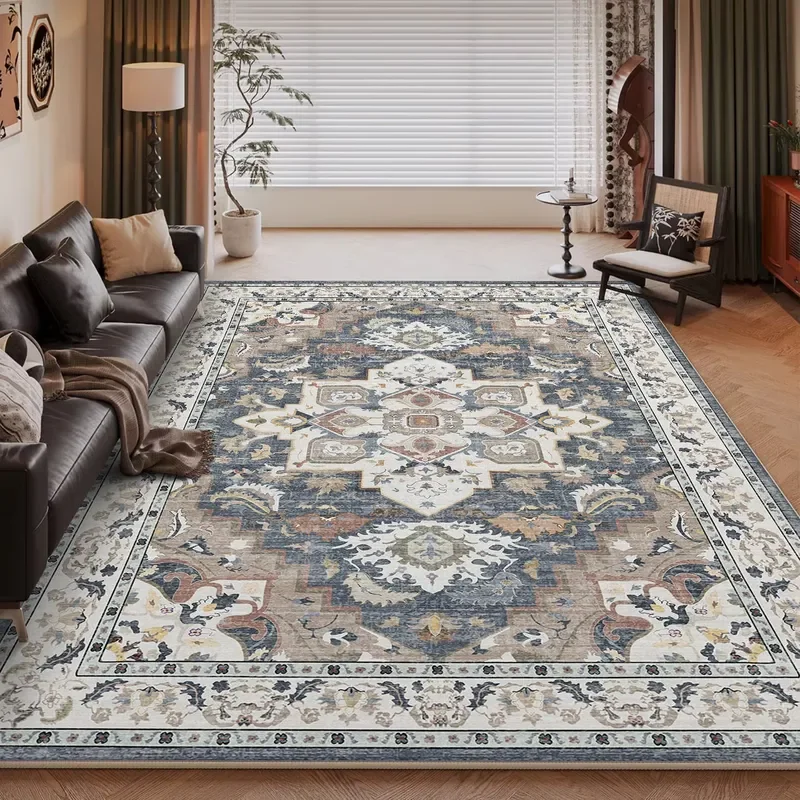 Wholesale Flat Woven Area Rug Washable Vintage Farmhouse Style Stain Resistant Non-Slip Soft Beige Blue for Living Room