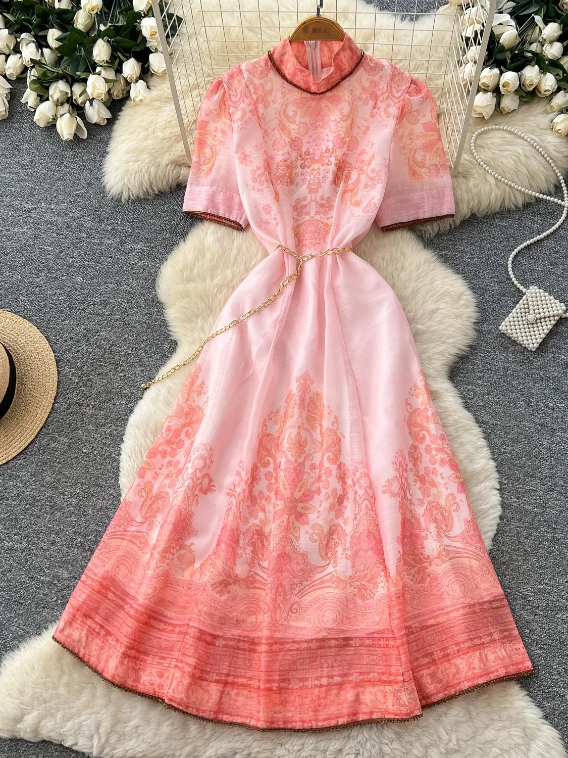 Retro Printed A-Line Gradient Color Dress Women's Summer Slimming Waist High Waist Commute Dress Elegant Personality