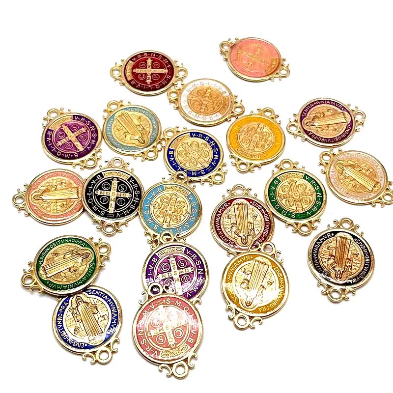 20 Pieces 2.5CM Saint Benedict Double Hole Two Side Catholic Medals Favor Gifts Religious Charm Connector Many Colors Can Choose