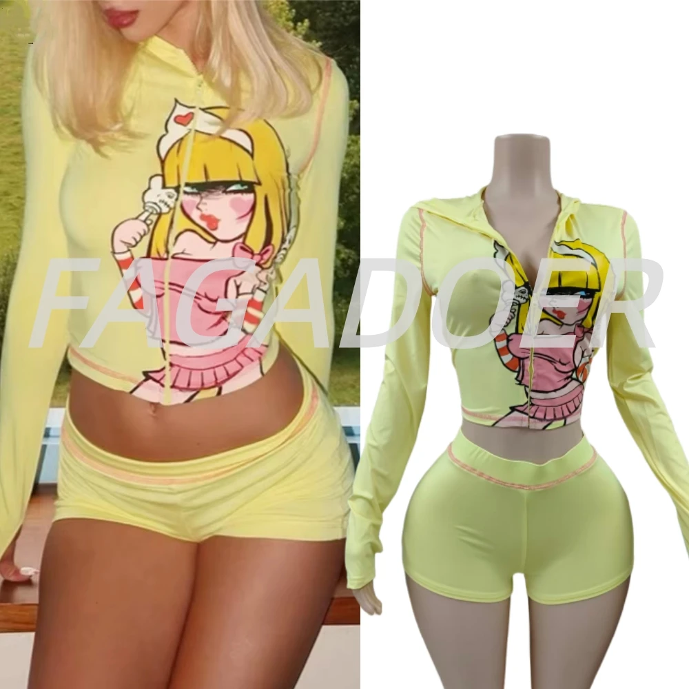 

FAGADOER Fashion Pattern Printing 2 Pieces Set for Woman Zipper Long Sleeved Hooded Crop Top + Shorts Female Streetwear Clothing