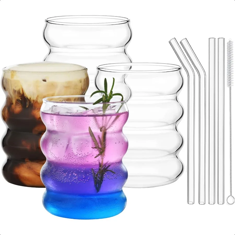 

Ribbed Drinking Glass Cups with Straws Set of 4 12 oz Aesthetic Iced Coffee Glasses Wave Bubble Tumbler Ripple Glassware Beer G