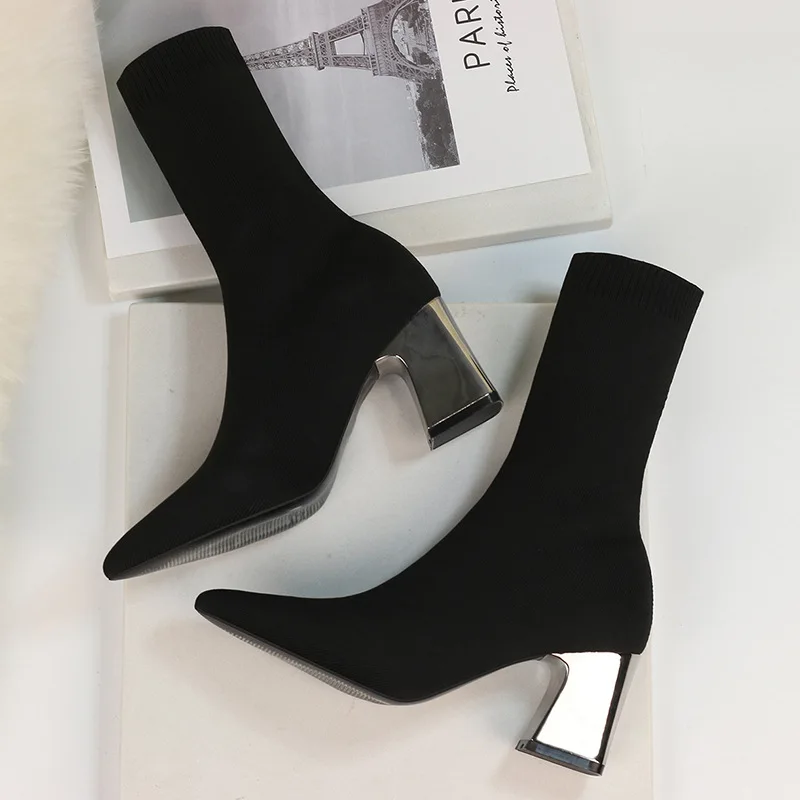 

Fashion Women Boots White Black Pointed Toe Elastic Socks Boots Square Heels Boots Plus Size Ankle Boots Autumn Winter Shoes 42