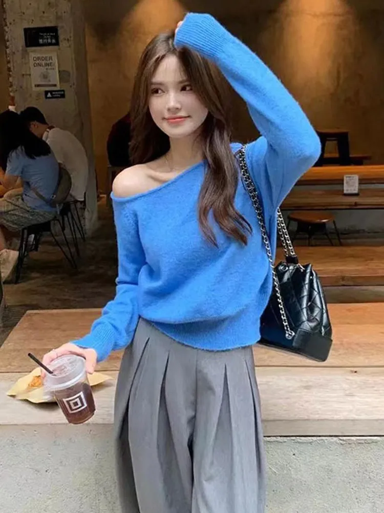 

Синий вязаный свитер с асимметричным вырезом на плече, женский, весна-осень, новинка, корейский шик, короткий/длинный рукав, базовый топ