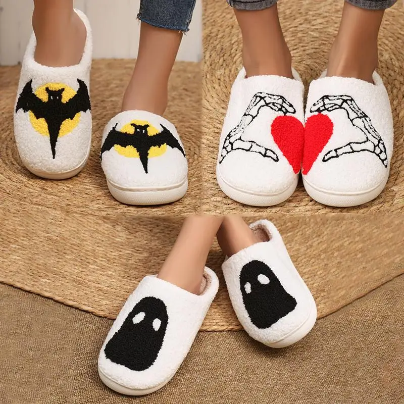 Halloween Funny Casual Fluffy Slippers Women House Flats Cute Cartoon Designer Warm Winter Shoes Girls Fashion Footwear Big Size