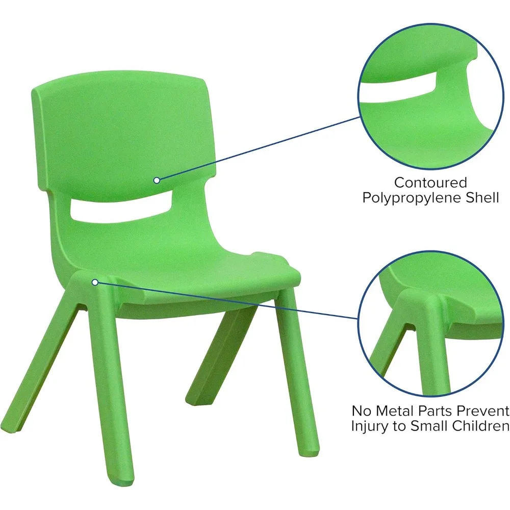 كرسي مدرسي EMMA + OLIVER مكون من قطعتين من البلاستيك الأخضر قابل للتكديس مع مقعد 10.5 بوصة ارتفاعًا، كرسي ما قبل المدرسة
